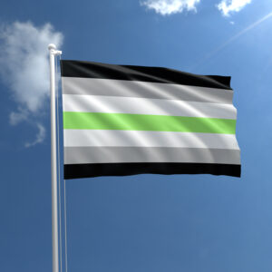 An Agender flag flies in the wind.