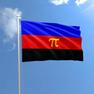 A Polyamorous flag flies in the wind: The flag has blue, red, and black bars with the Greek letter pi symbol in the middle.