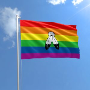 A two-spirited flag flies in the wind.